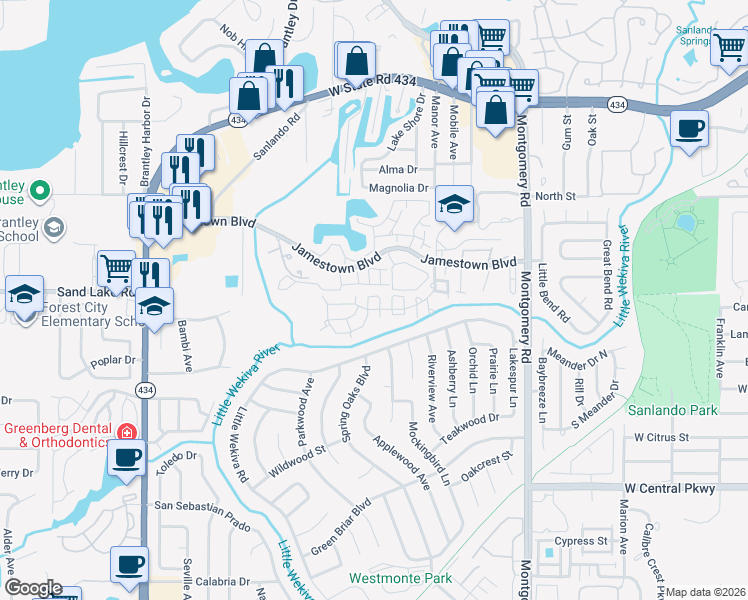map of restaurants, bars, coffee shops, grocery stores, and more near 645 Stafford Terrace in Altamonte Springs