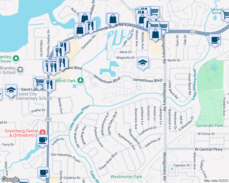 map of restaurants, bars, coffee shops, grocery stores, and more near 678 Jamestown Boulevard in Altamonte Springs