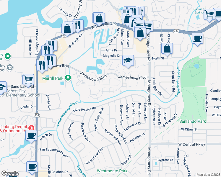 map of restaurants, bars, coffee shops, grocery stores, and more near 73 Greencove Terrace in Altamonte Springs