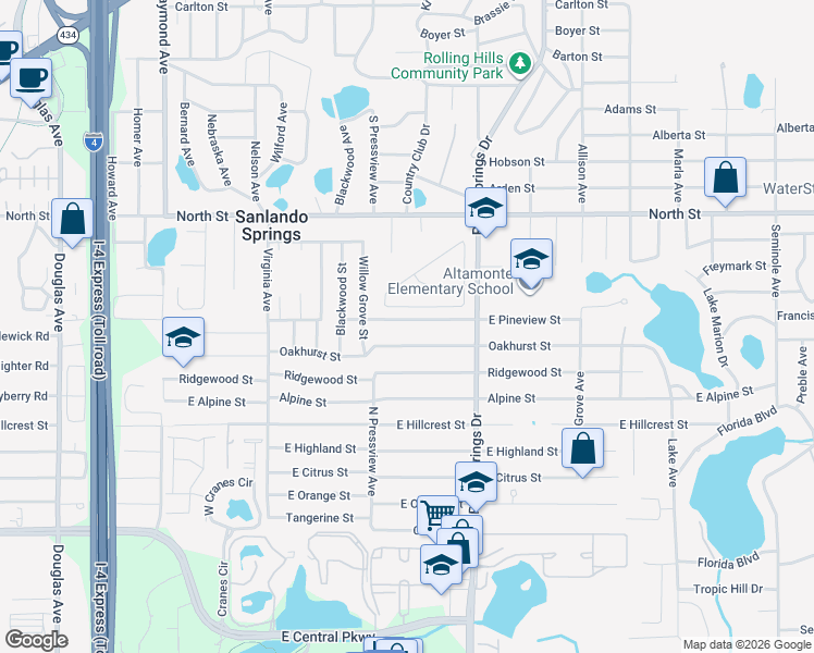 map of restaurants, bars, coffee shops, grocery stores, and more near 416 East Pineview Street in Altamonte Springs
