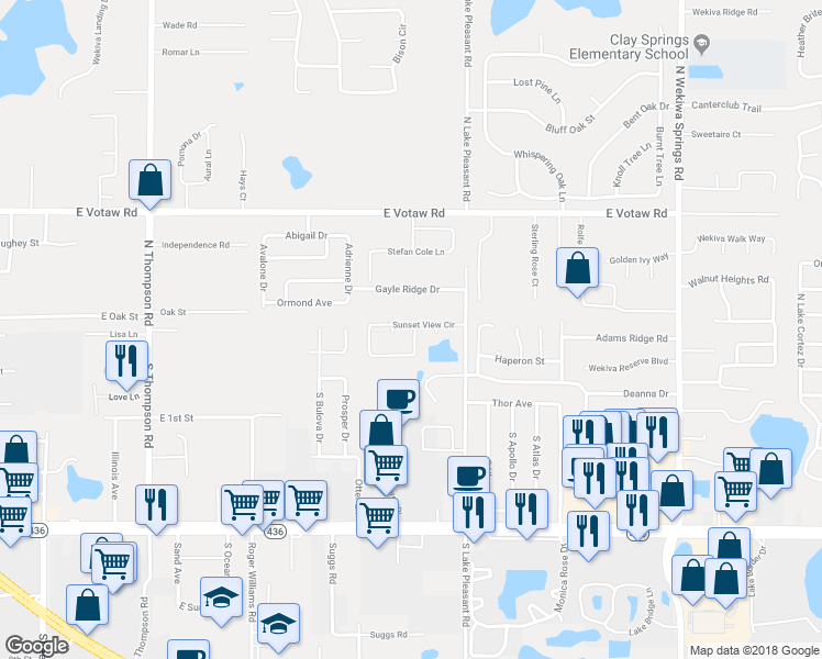 map of restaurants, bars, coffee shops, grocery stores, and more near 1500 Sunset View Court in Apopka