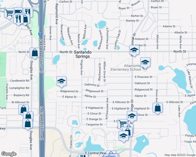 map of restaurants, bars, coffee shops, grocery stores, and more near 990 Blackwood Street in Altamonte Springs