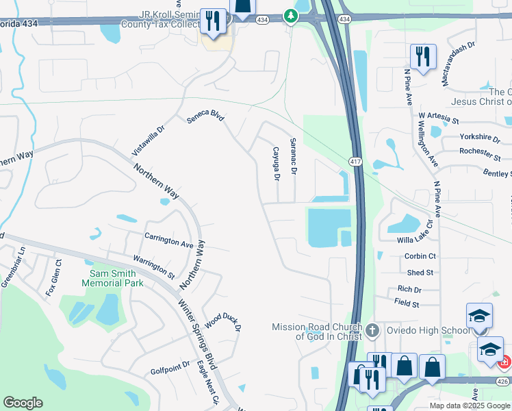 map of restaurants, bars, coffee shops, grocery stores, and more near 1754 Seneca Boulevard in Winter Springs