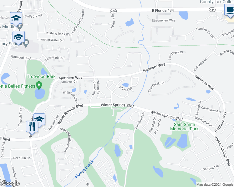 map of restaurants, bars, coffee shops, grocery stores, and more near 1424 Spalding Road in Winter Springs
