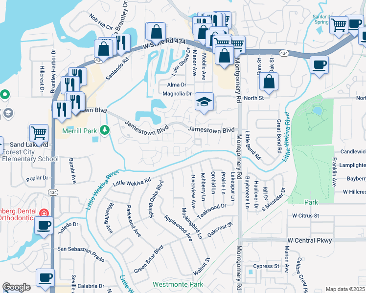 map of restaurants, bars, coffee shops, grocery stores, and more near 73 Greencove Terrace in Altamonte Springs