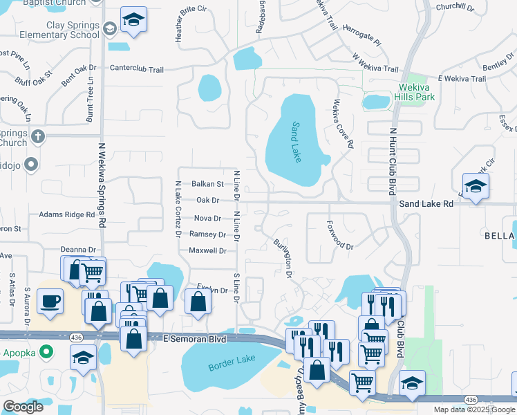 map of restaurants, bars, coffee shops, grocery stores, and more near 3899 Sand Lake Road in Longwood