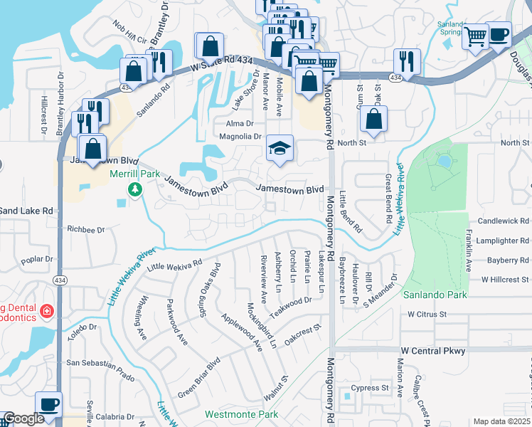 map of restaurants, bars, coffee shops, grocery stores, and more near 590 Bloomington Court in Altamonte Springs