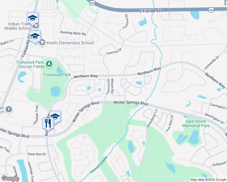 map of restaurants, bars, coffee shops, grocery stores, and more near 723 Wilson Road in Winter Springs