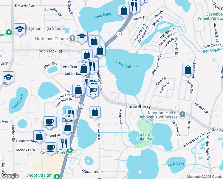 map of restaurants, bars, coffee shops, grocery stores, and more near 417 Rain Lily Cove in Casselberry