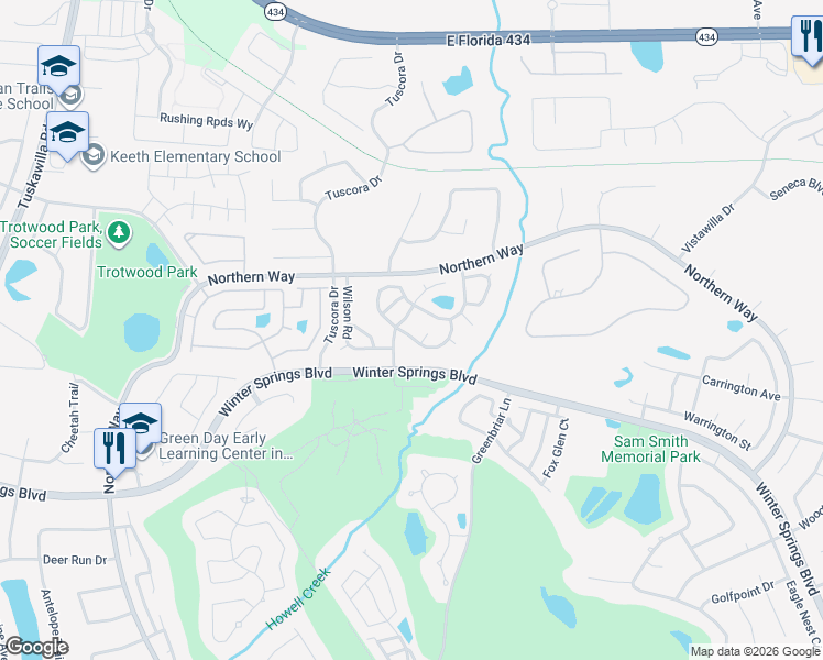 map of restaurants, bars, coffee shops, grocery stores, and more near 783 Evert Court in Winter Springs