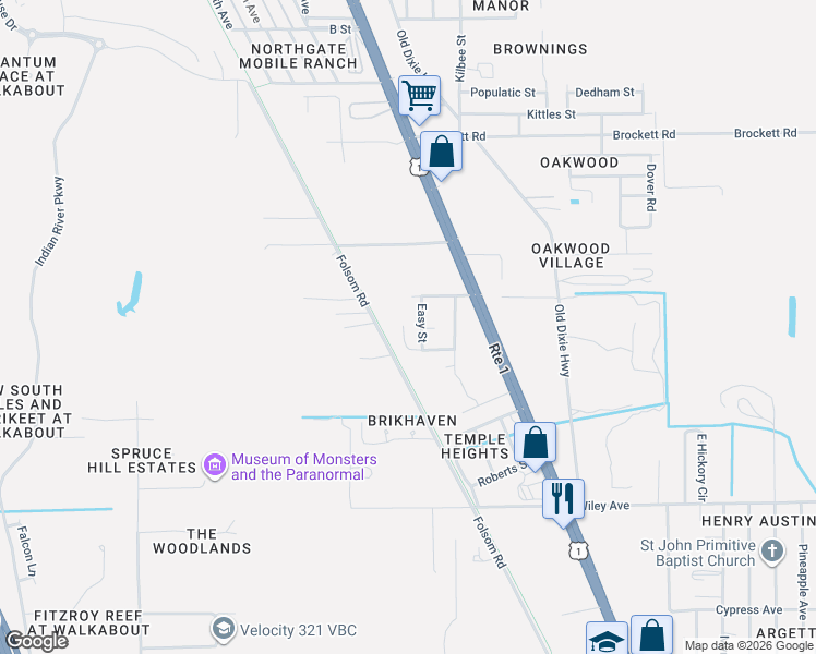 map of restaurants, bars, coffee shops, grocery stores, and more near 2954 Easy Street in Mims