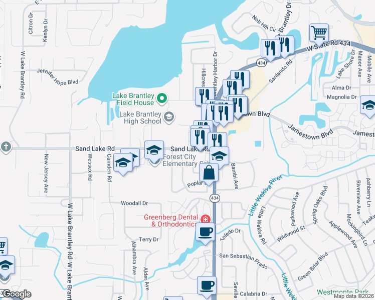 map of restaurants, bars, coffee shops, grocery stores, and more near 10071 Sand Lake Road in Altamonte Springs