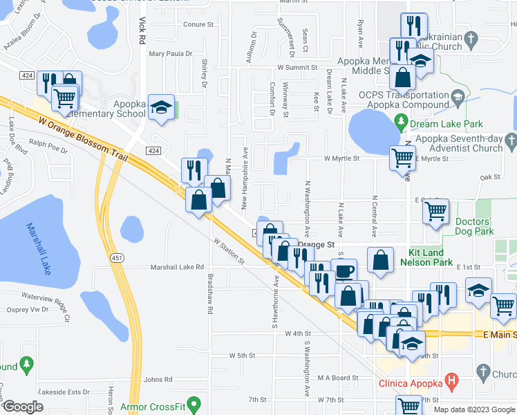 map of restaurants, bars, coffee shops, grocery stores, and more near 208 Rhapsody Lane in Apopka