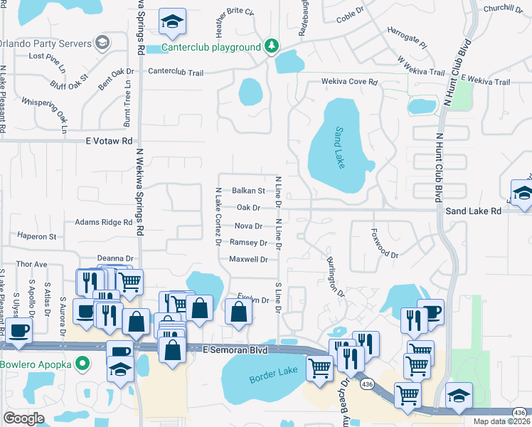 map of restaurants, bars, coffee shops, grocery stores, and more near 2734 Oak Drive in Apopka