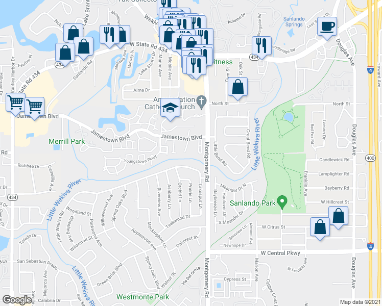 map of restaurants, bars, coffee shops, grocery stores, and more near 532 Sun Valley Village in Altamonte Springs
