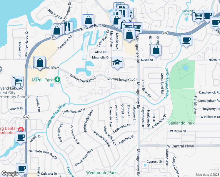map of restaurants, bars, coffee shops, grocery stores, and more near 590 Bloomington Court in Altamonte Springs