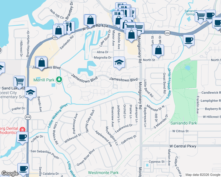 map of restaurants, bars, coffee shops, grocery stores, and more near 590 Bloomington Court in Altamonte Springs