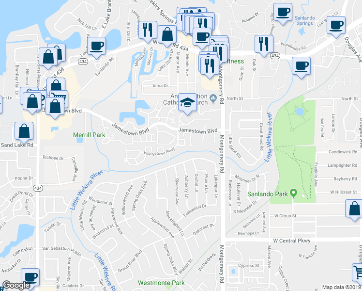 map of restaurants, bars, coffee shops, grocery stores, and more near 598 Bloomington Court in Altamonte Springs