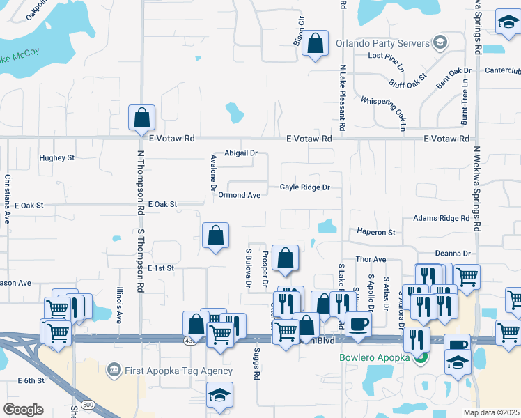 map of restaurants, bars, coffee shops, grocery stores, and more near 1547 Faircloth Court in Apopka