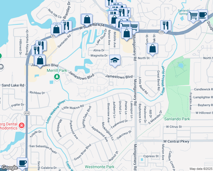 map of restaurants, bars, coffee shops, grocery stores, and more near 590 Bloomington Court in Altamonte Springs