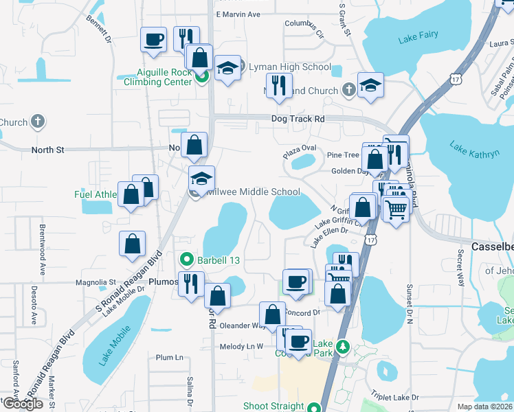 map of restaurants, bars, coffee shops, grocery stores, and more near 457 Misty Oaks Run in Casselberry
