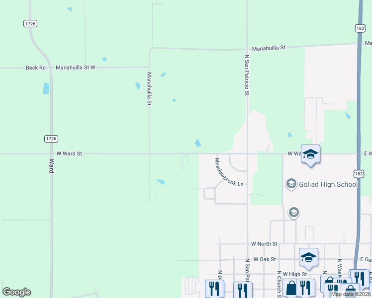 map of restaurants, bars, coffee shops, grocery stores, and more near 1021 West Ward Street in Goliad