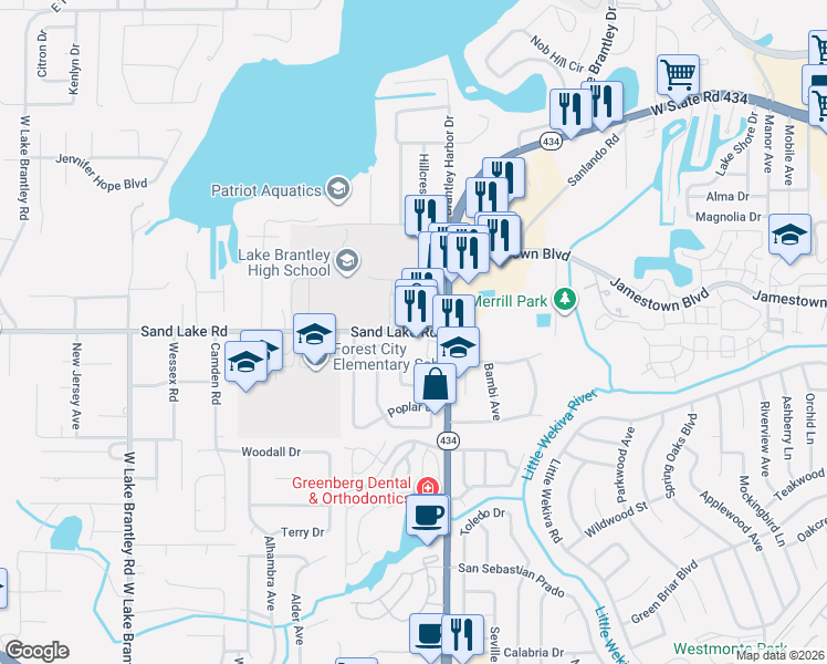 map of restaurants, bars, coffee shops, grocery stores, and more near 910 Sand Lake Road in Altamonte Springs