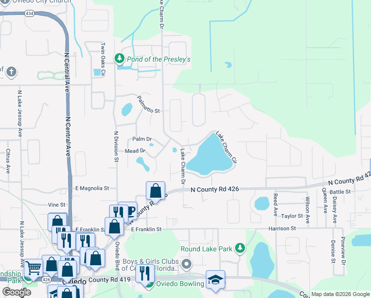 map of restaurants, bars, coffee shops, grocery stores, and more near 656 Lake Charm Drive in Oviedo
