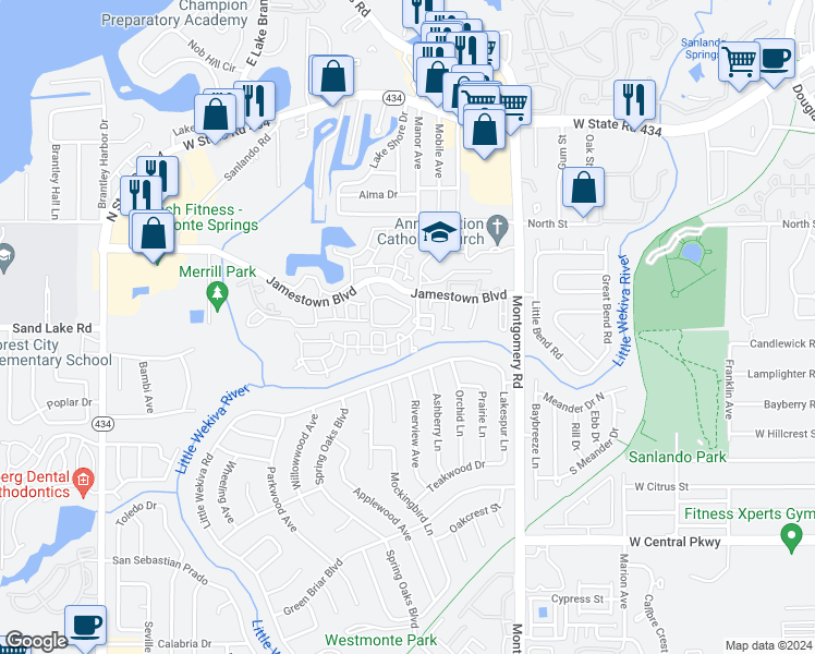 map of restaurants, bars, coffee shops, grocery stores, and more near 605 Youngstown Parkway in Altamonte Springs