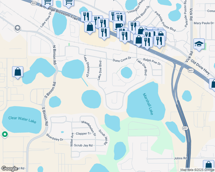 map of restaurants, bars, coffee shops, grocery stores, and more near 1835 Doe Lake Court in Apopka
