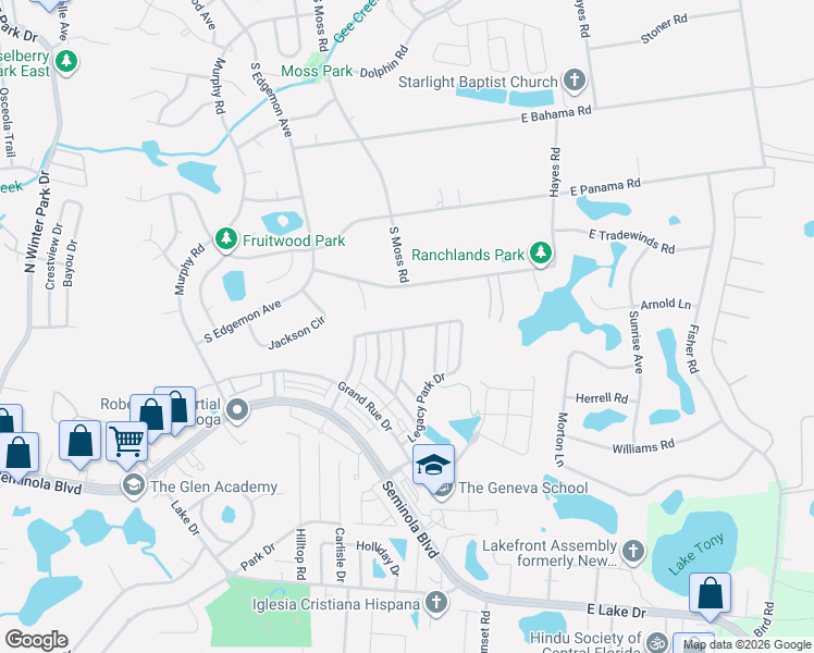 map of restaurants, bars, coffee shops, grocery stores, and more near 636 Legacy Park Drive in Casselberry
