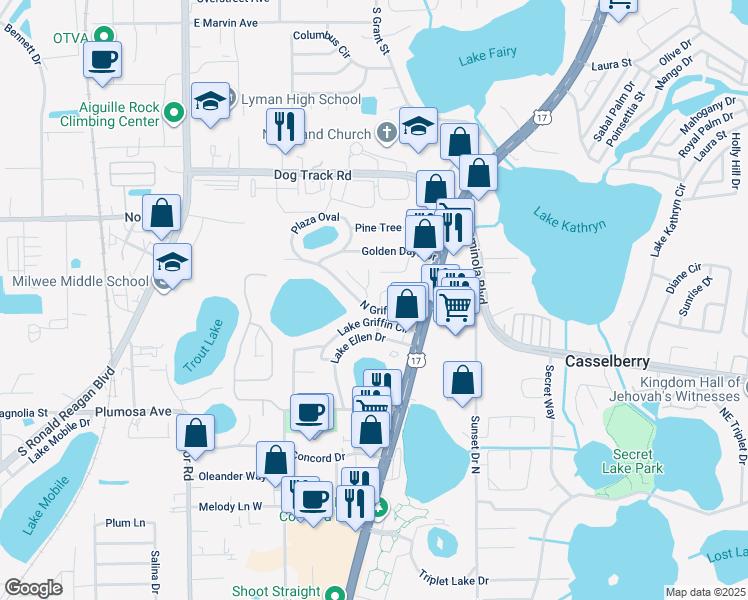 map of restaurants, bars, coffee shops, grocery stores, and more near 91 North Griffin Drive in Casselberry