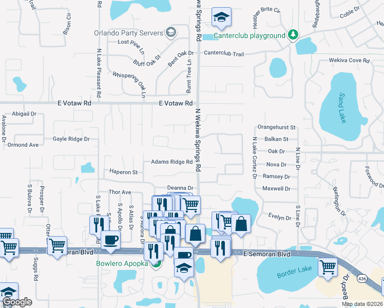 map of restaurants, bars, coffee shops, grocery stores, and more near 120 North Wekiwa Springs Road in Apopka