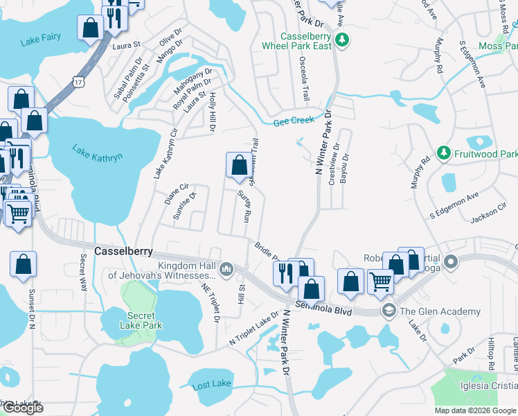 map of restaurants, bars, coffee shops, grocery stores, and more near 430 Sundown Trail in Casselberry