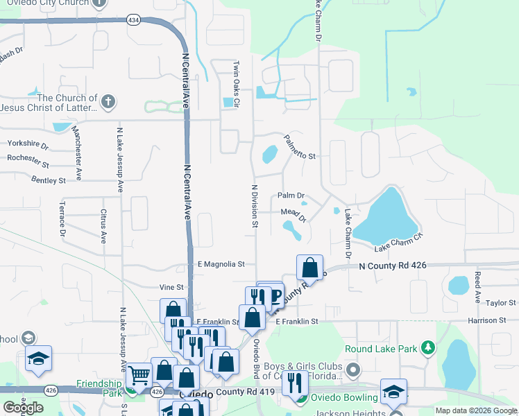 map of restaurants, bars, coffee shops, grocery stores, and more near 650 North Division Street in Oviedo