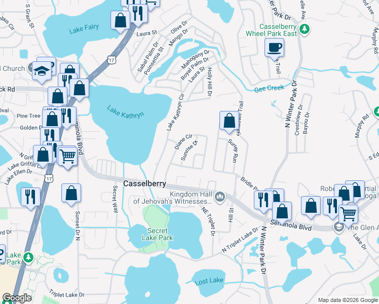 map of restaurants, bars, coffee shops, grocery stores, and more near 485 Sunrise Drive in Casselberry