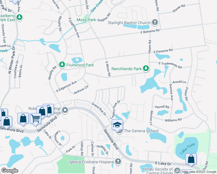 map of restaurants, bars, coffee shops, grocery stores, and more near 640 Legacy Park Drive in Casselberry