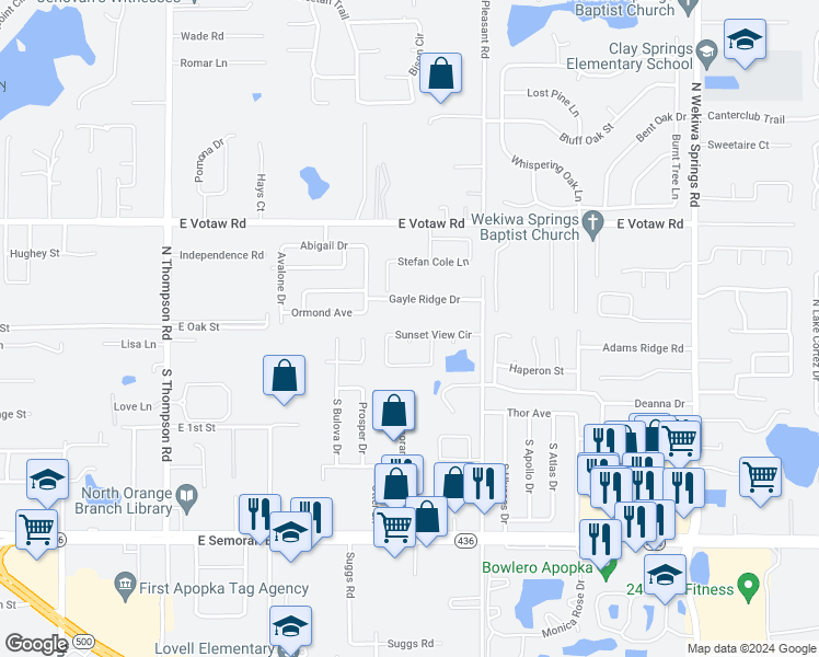 map of restaurants, bars, coffee shops, grocery stores, and more near 1671 Sunset View Circle in Apopka