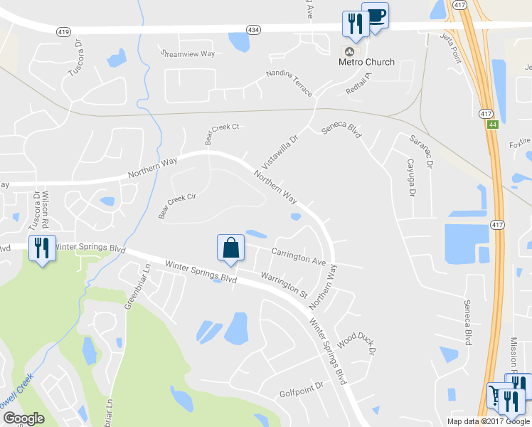 map of restaurants, bars, coffee shops, grocery stores, and more near 757 Bear Creek Circle in Winter Springs