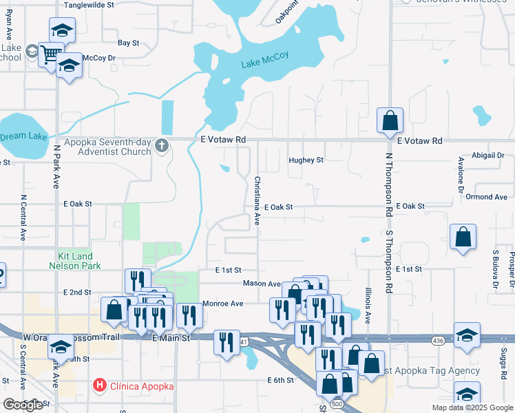 map of restaurants, bars, coffee shops, grocery stores, and more near Oak Street in Apopka