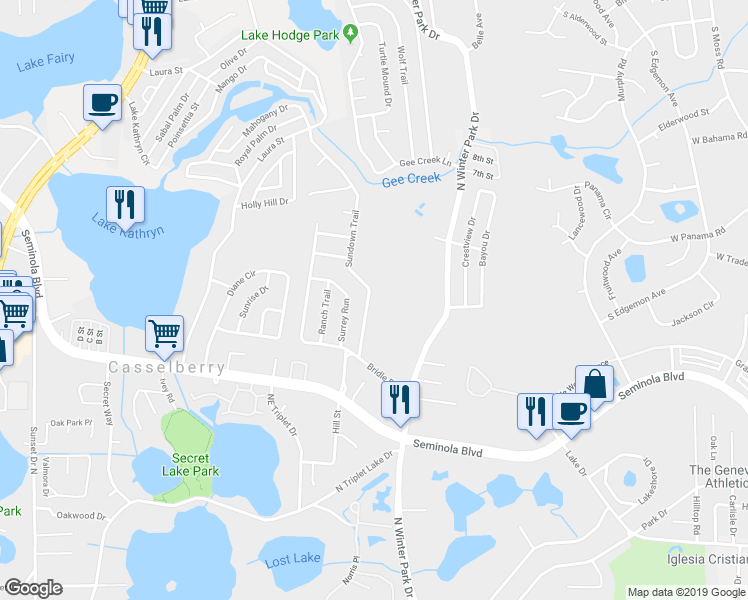 map of restaurants, bars, coffee shops, grocery stores, and more near 430 Sundown Trail in Casselberry