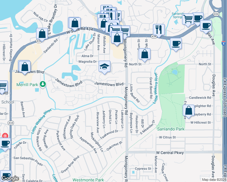 map of restaurants, bars, coffee shops, grocery stores, and more near 548 Olympic Village in Altamonte Springs