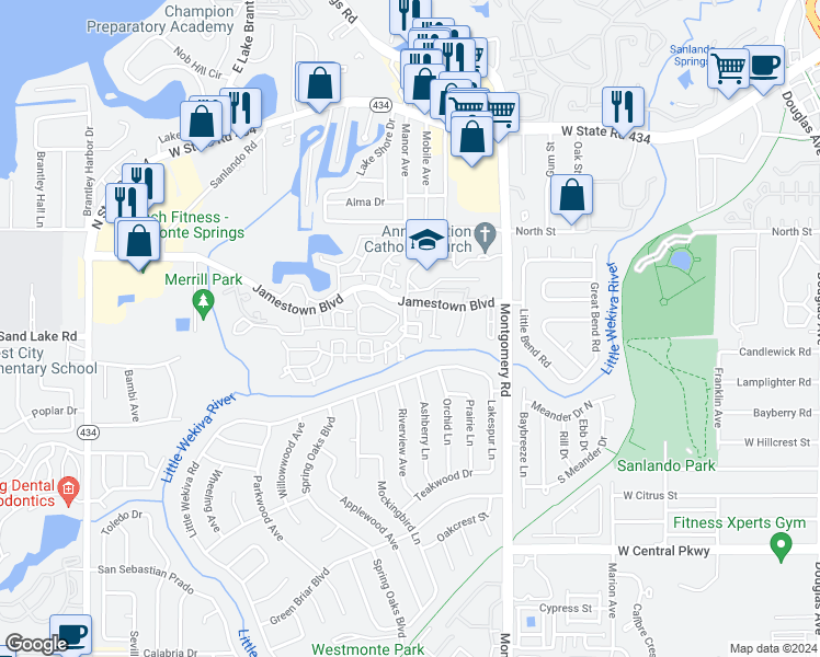 map of restaurants, bars, coffee shops, grocery stores, and more near 590 Bloomington Court in Altamonte Springs