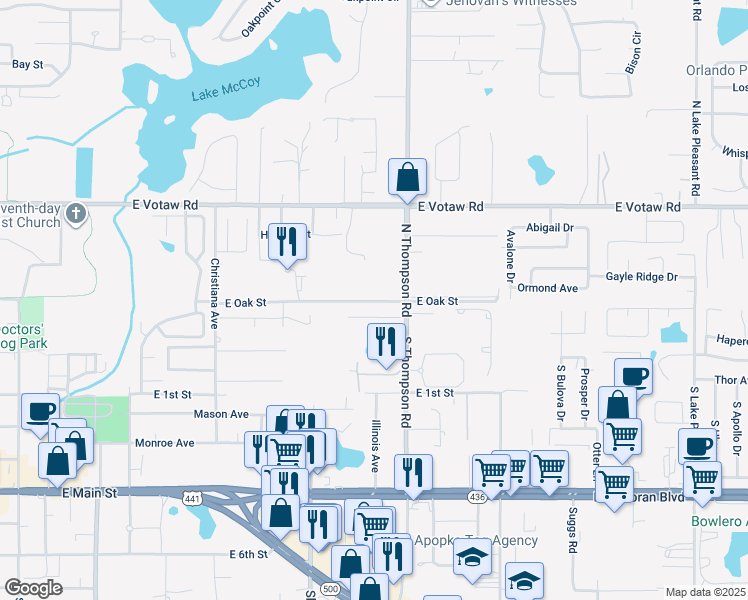map of restaurants, bars, coffee shops, grocery stores, and more near 1017 Lisa Lane in Apopka