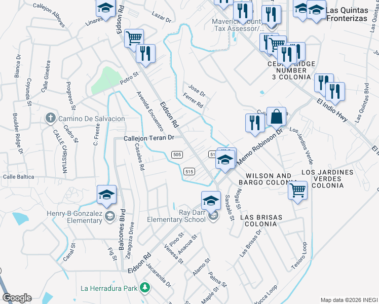 map of restaurants, bars, coffee shops, grocery stores, and more near 1840 Eidson Road in Eagle Pass