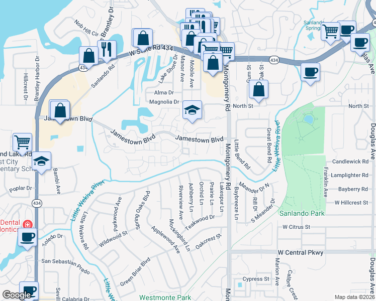 map of restaurants, bars, coffee shops, grocery stores, and more near 575 Bloomington Court in Altamonte Springs