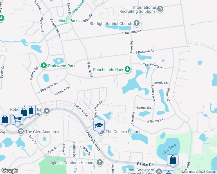map of restaurants, bars, coffee shops, grocery stores, and more near 568 Legacy Park Drive in Casselberry