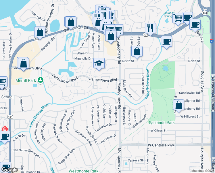map of restaurants, bars, coffee shops, grocery stores, and more near 568 Breckenridge Village in Altamonte Springs