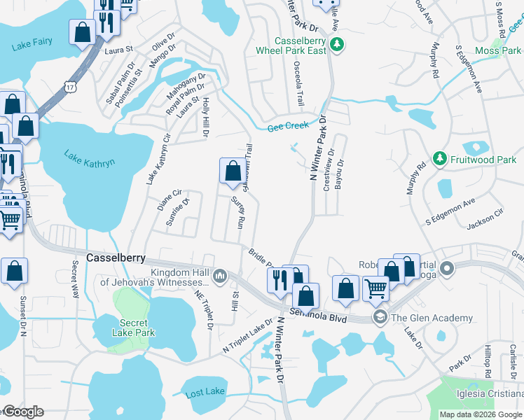 map of restaurants, bars, coffee shops, grocery stores, and more near 430 Sundown Trail in Casselberry