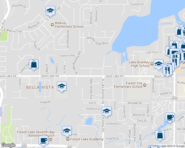 map of restaurants, bars, coffee shops, grocery stores, and more near 2550 Sand Lake Road in Longwood